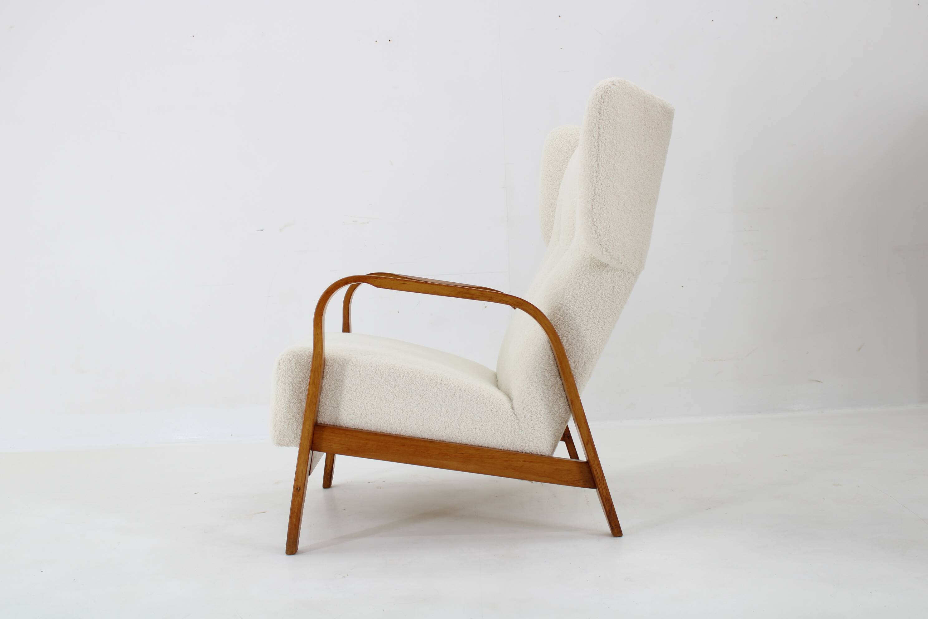 1960s Restored Wing Back Chair in Boucle Fabric , Czechoslovakia