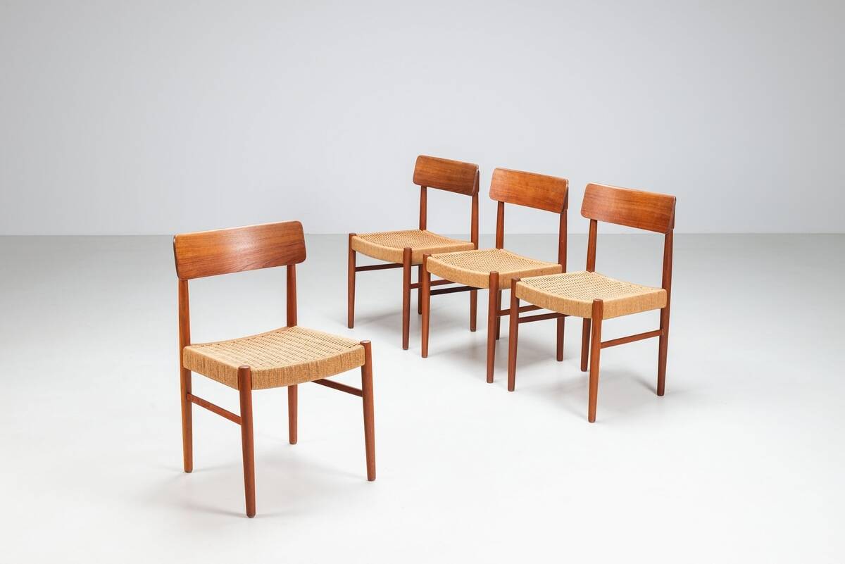 Set of four Danish dining chairs in teak and paper cord, Denmark, 1960