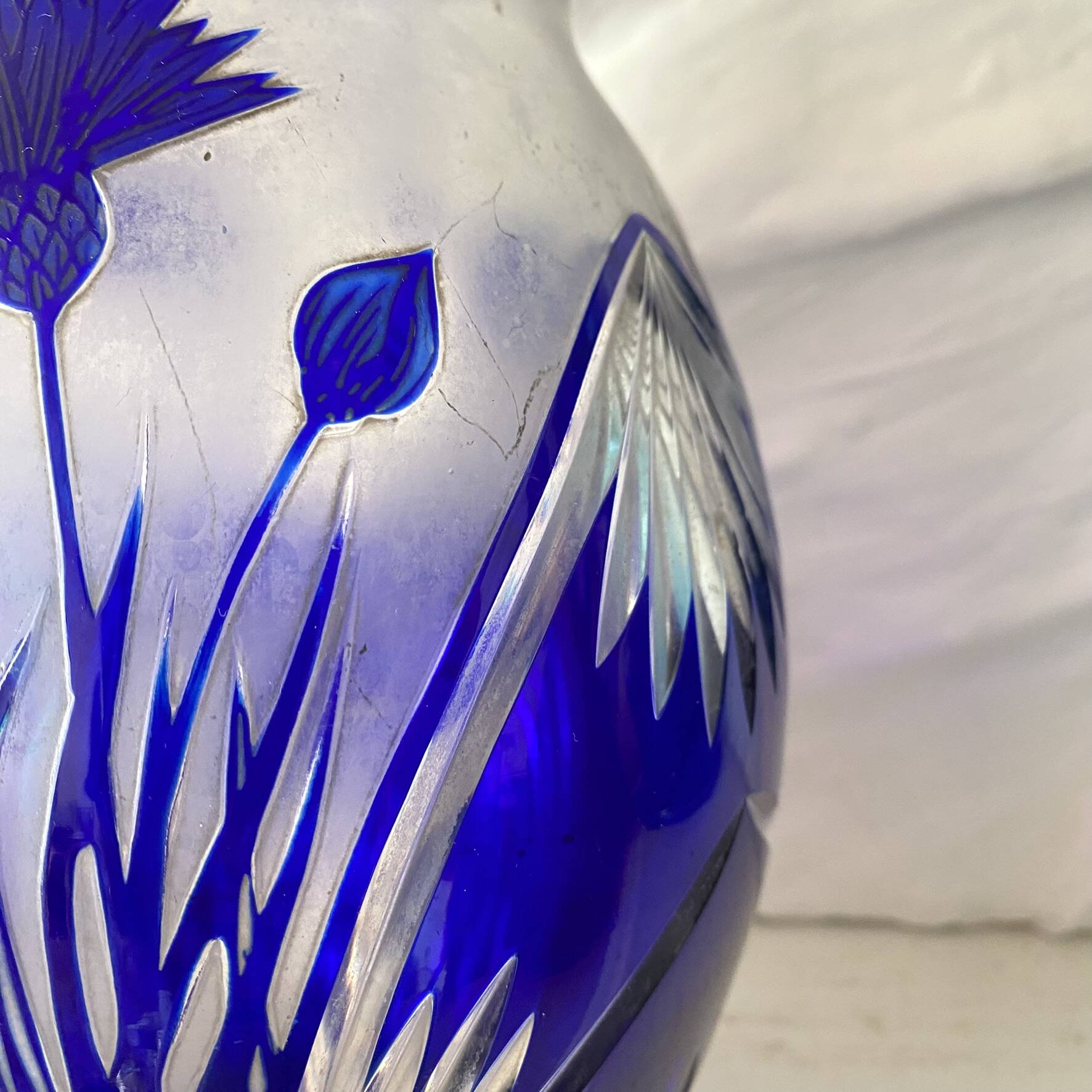 Cobalt blue double crystal vase signed G. Raspiller