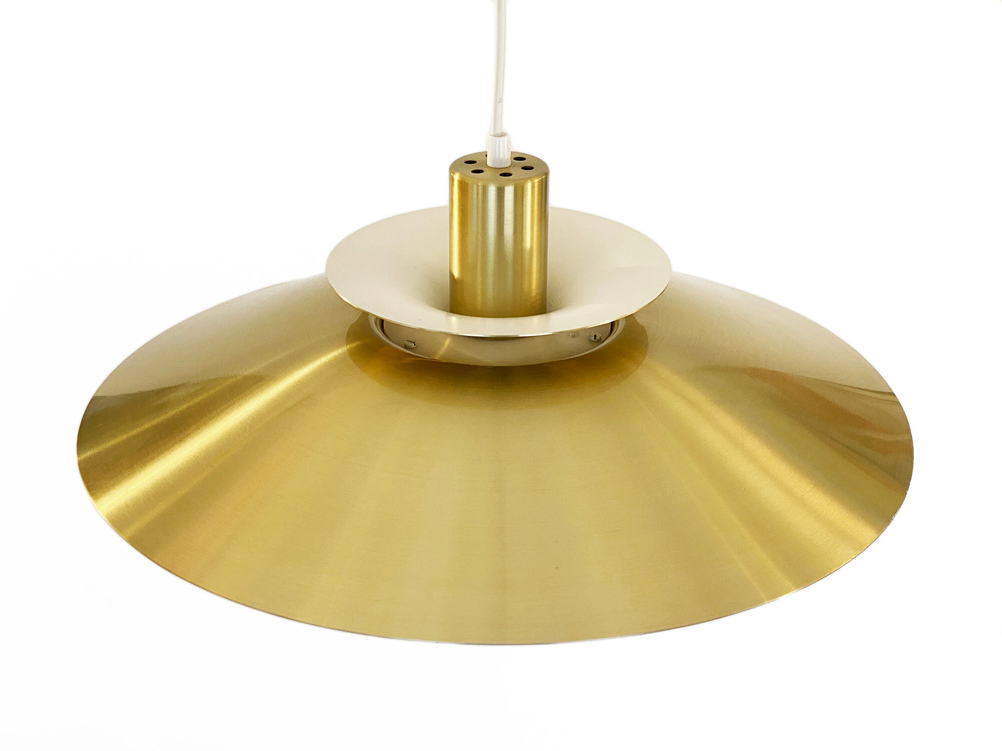 Golden colored aluminum pendant light from Frandsen Lighting. Denmark 1970s