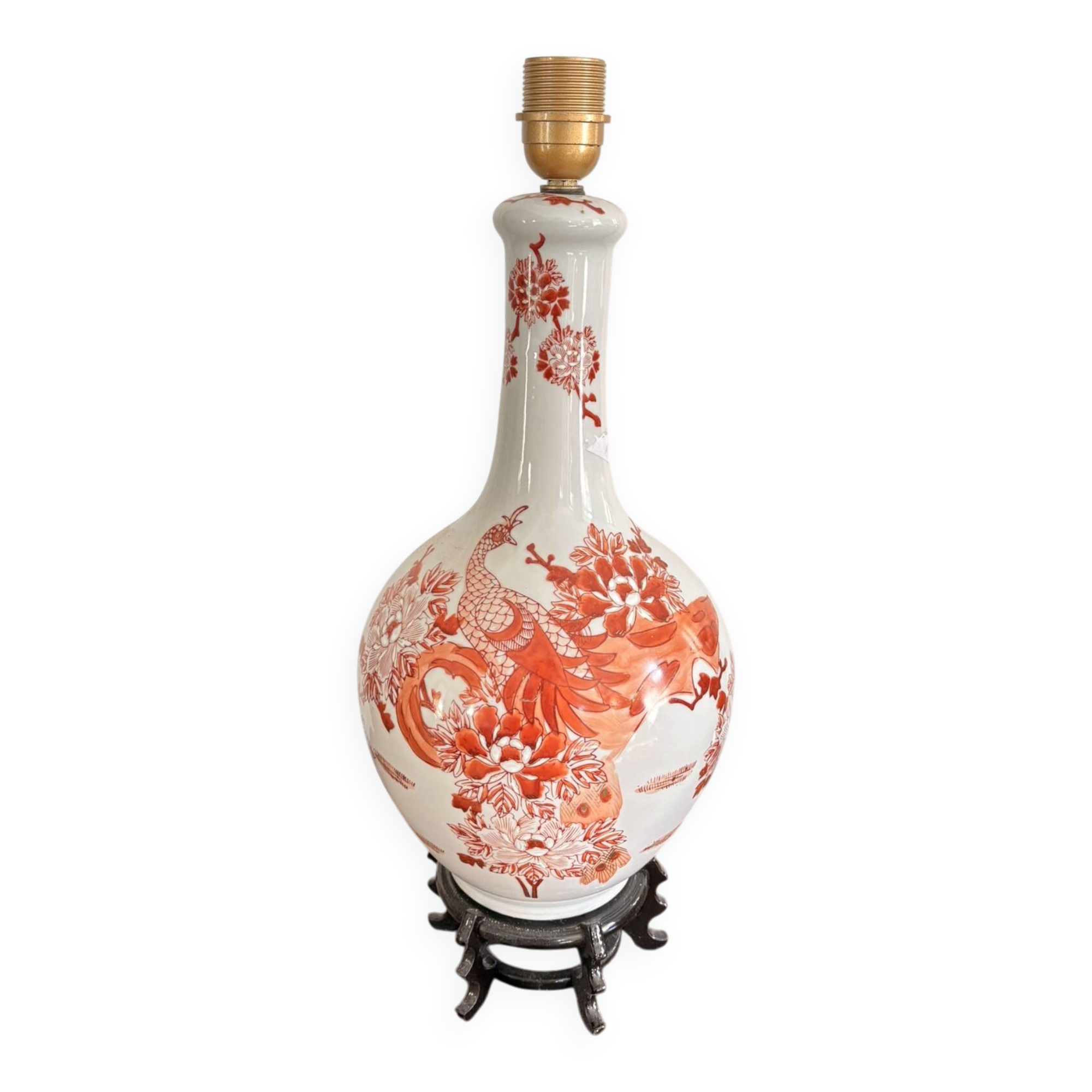 Lampe Vase Porcelaine Imari Japon Japonais Rouge Fer Meiji Phénix Pivoine