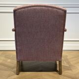 Wooden and red chevron fabric armchair with casters