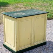 Late 19th century grocery counter in green and yellow patina painted wood