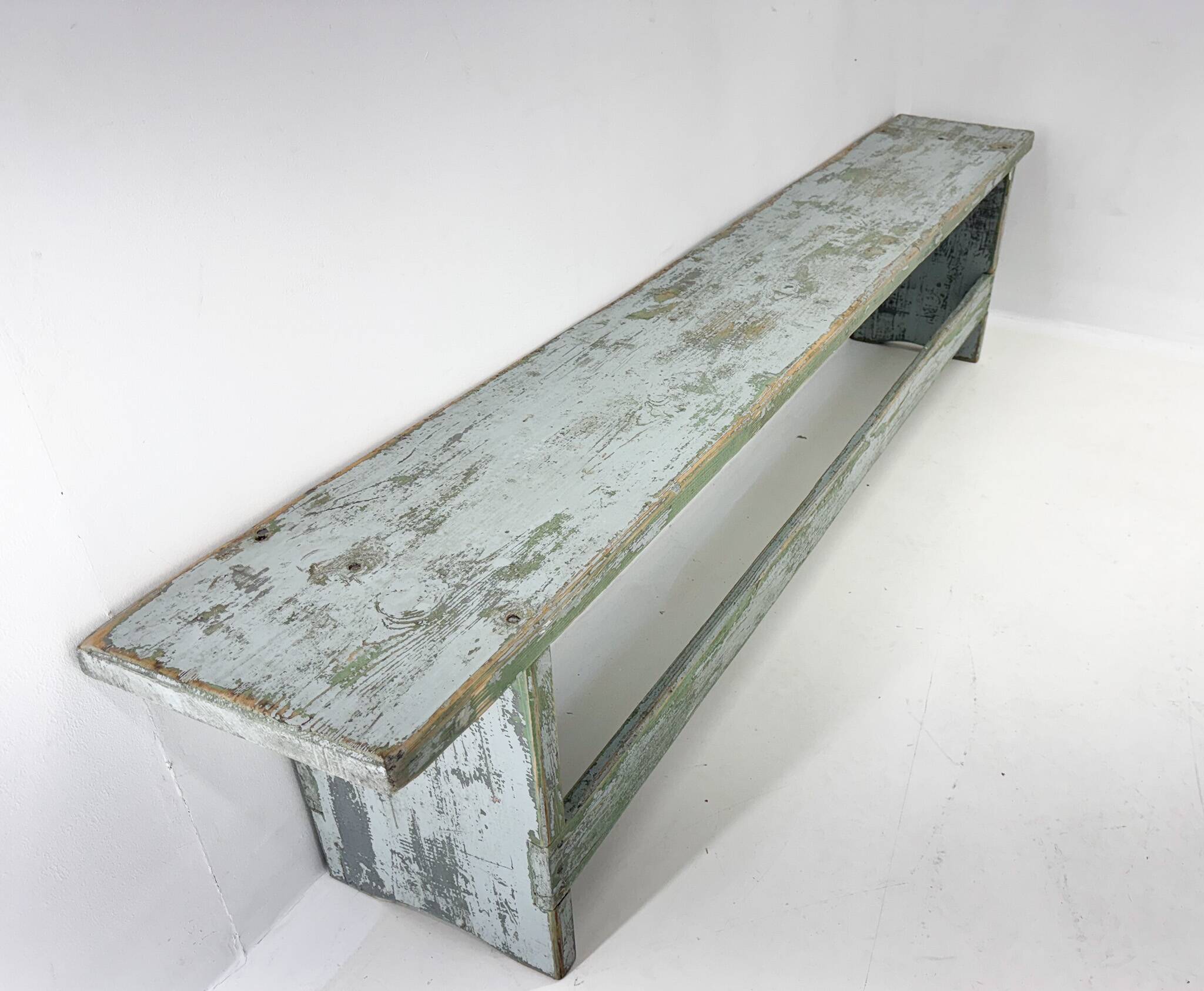 Vintage Industrial All-wood Bench, Original Paint, 1950's
