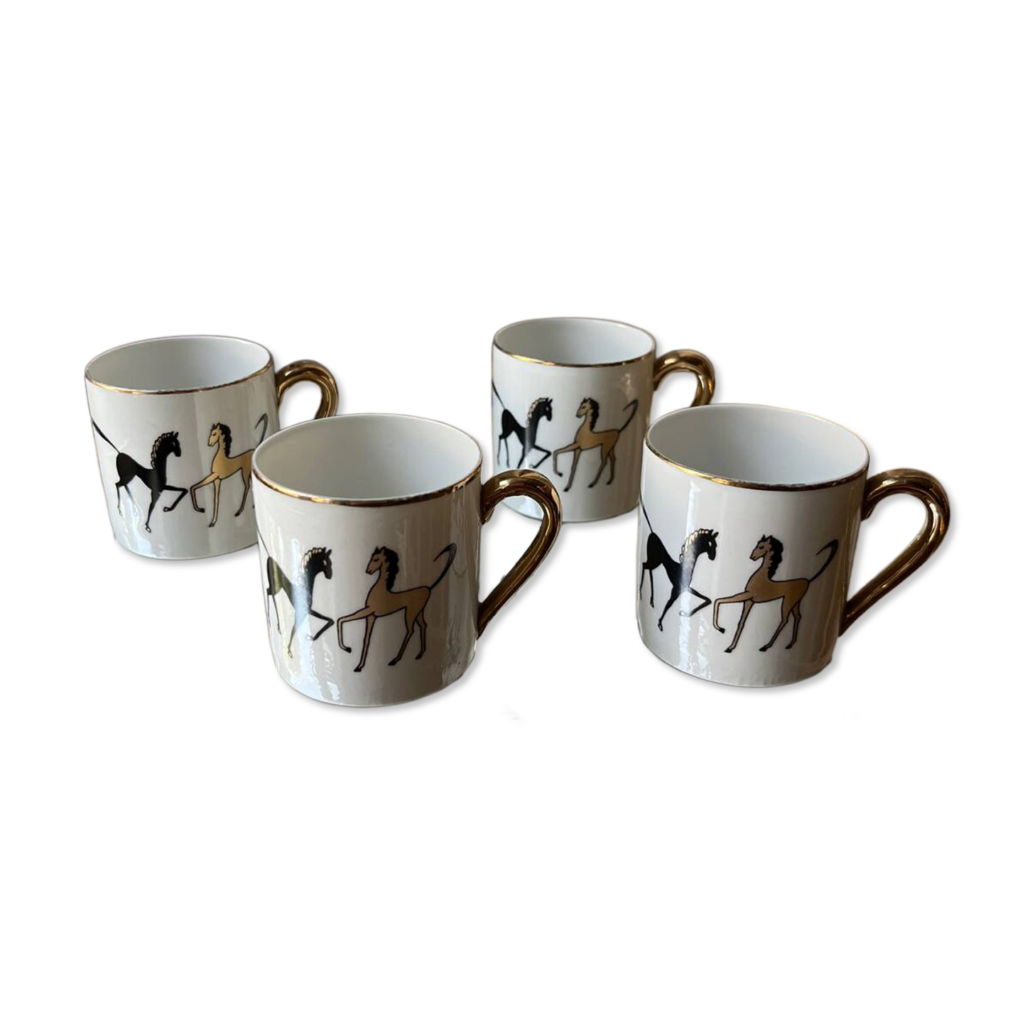 Lot of 4 vintage porcelain espresso cups from France with gold horse decoration – s
