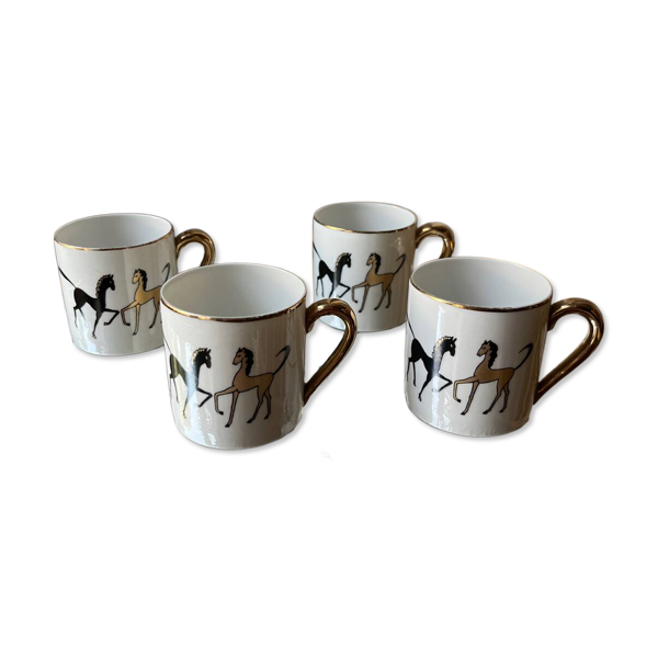 Lot 4 tasses espresso vintage porcelaine France décor chevaux doré – s