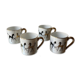 Lot of 4 vintage porcelain espresso cups from France with gold horse decoration – s