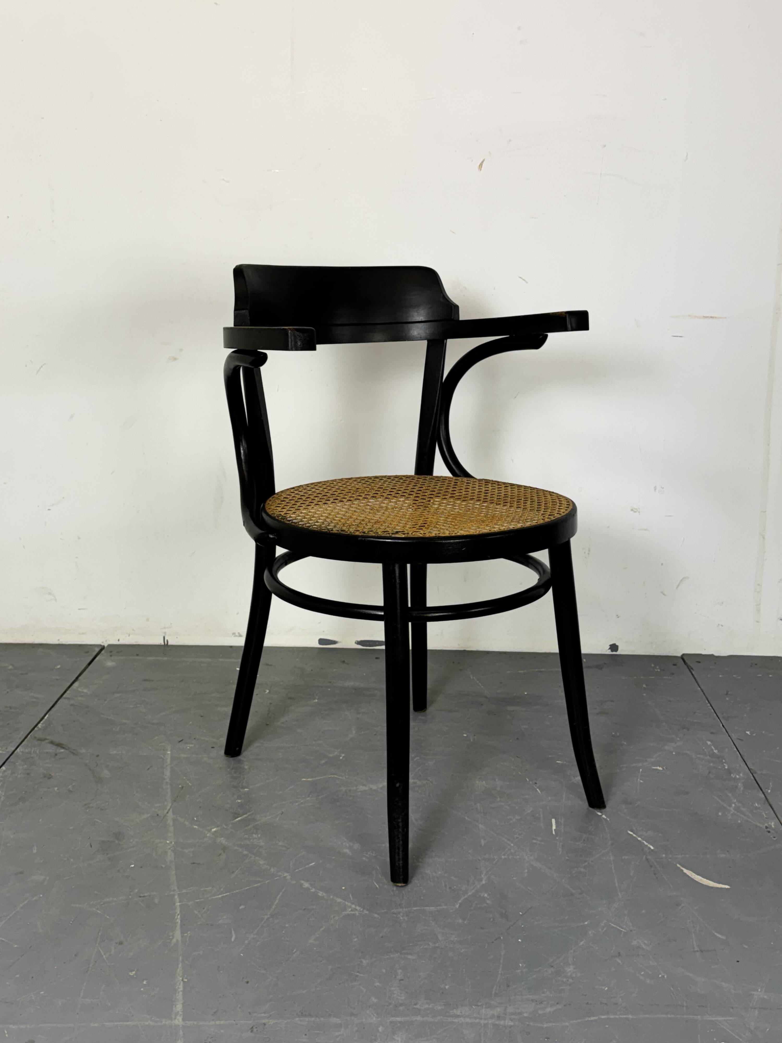 Bentwood mod 233 Black Desk Chair with Rattan Seat by Thonet, 1930s