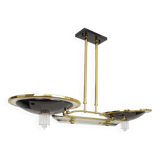 Venini-style halogen chandelier with two arms in brass, anthracite metal and glass. Eighties