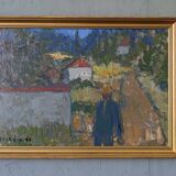 Mid-century modern swedish "forest houses", vintage abstract street scene framed oil painting