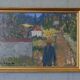 Mid-century modern swedish "forest houses", vintage abstract street scene framed oil painting
