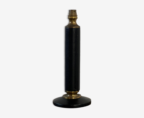 Pied de lampe de table en cuir noir et laiton du milieu du siècle