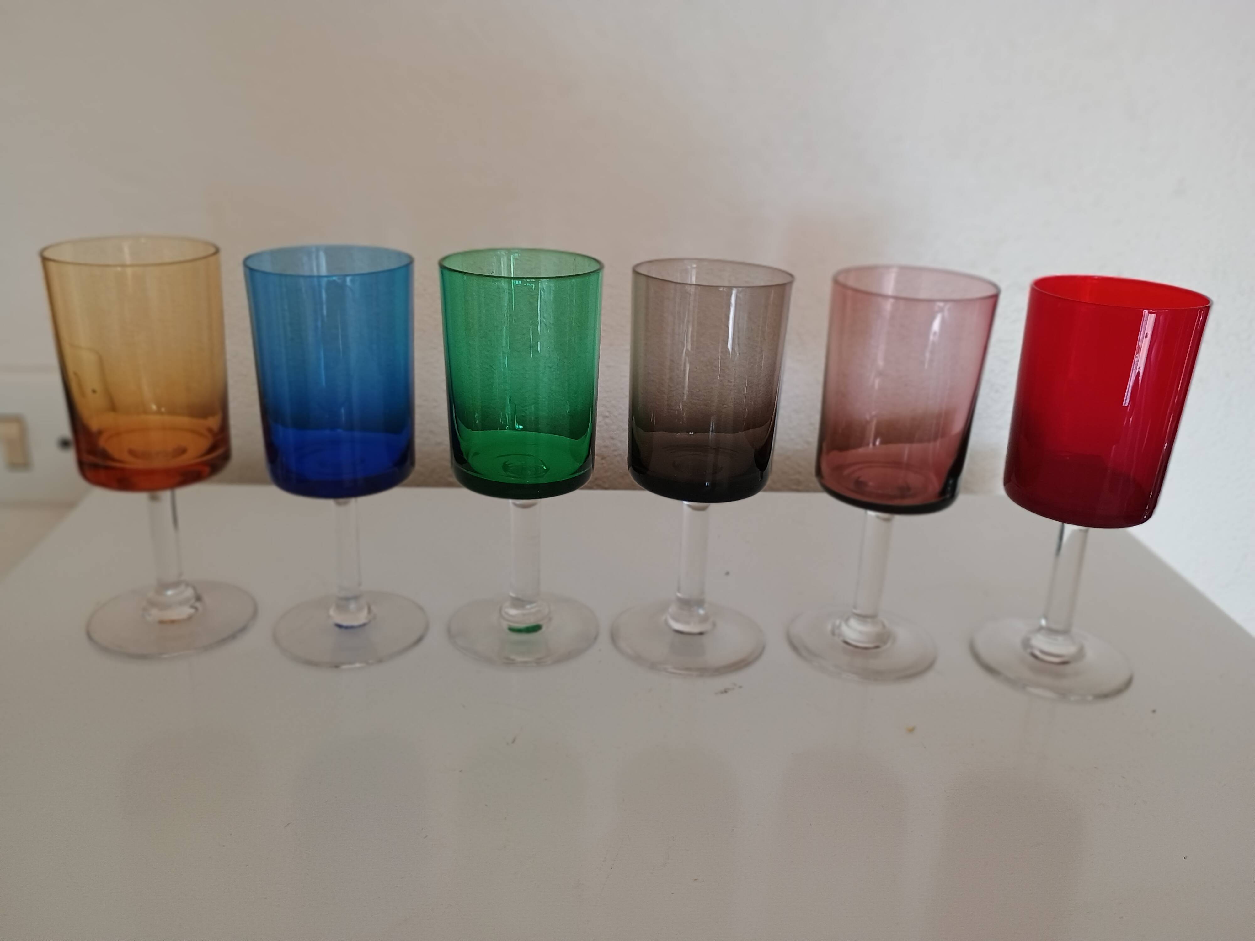 6 straight wine glasses in different colors with colorless stems 10cl - vintage