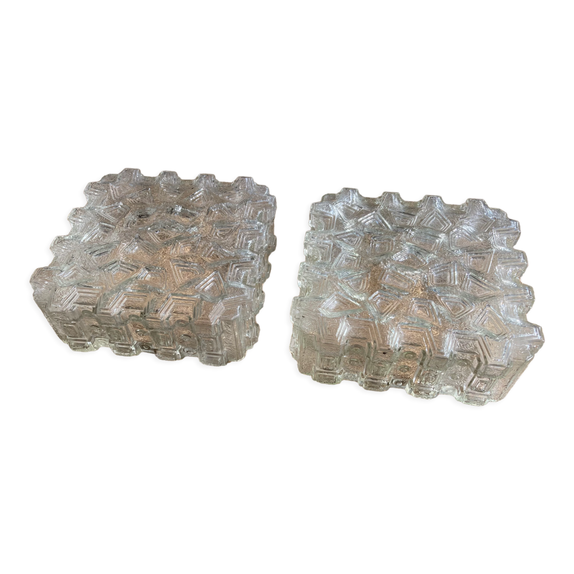Pair of wall lamp or ceiling lamp in transparent vintage molded glass