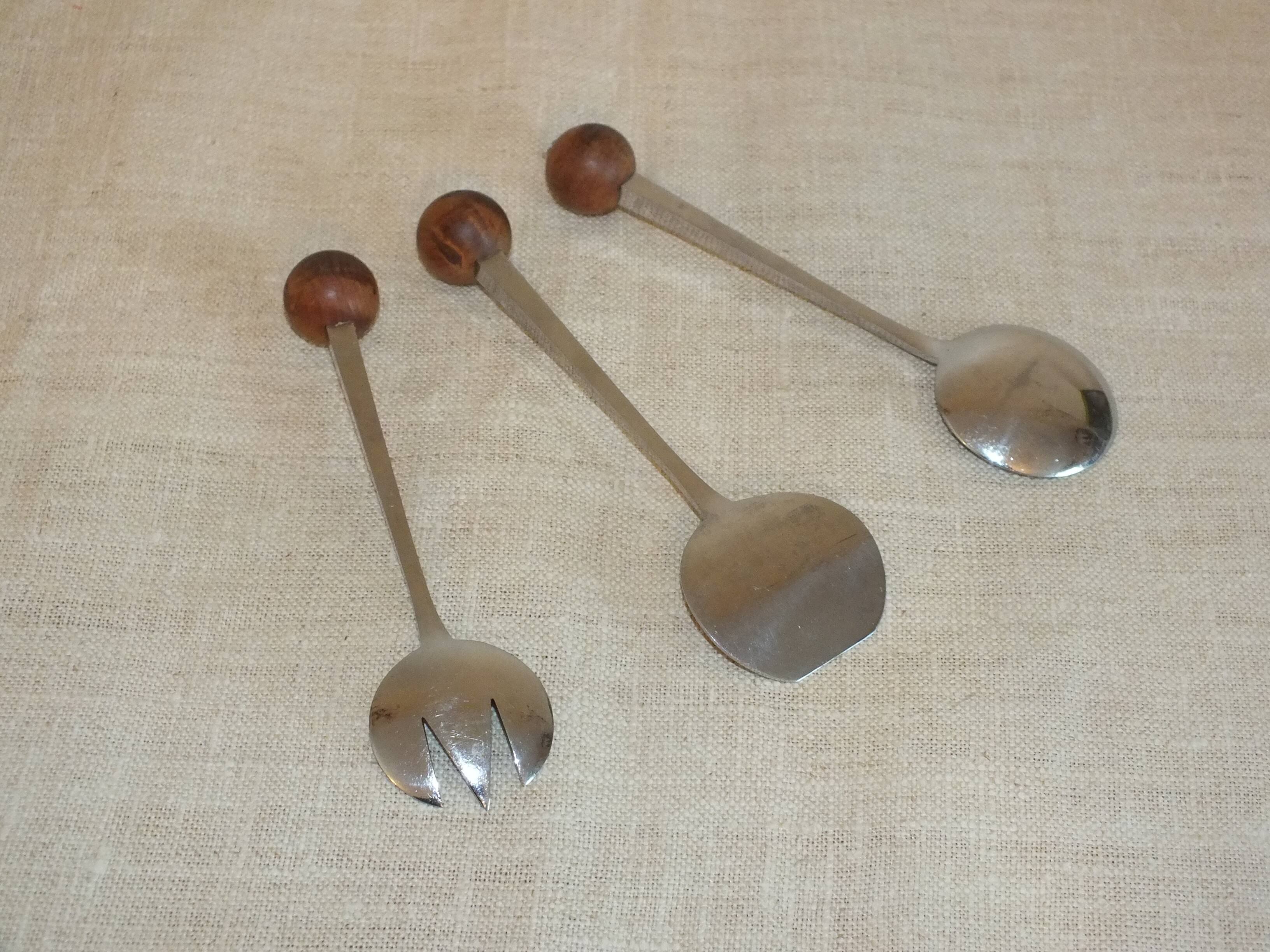 3 condiment cutlery 1970 Eloi Pernet stainless steel and wood