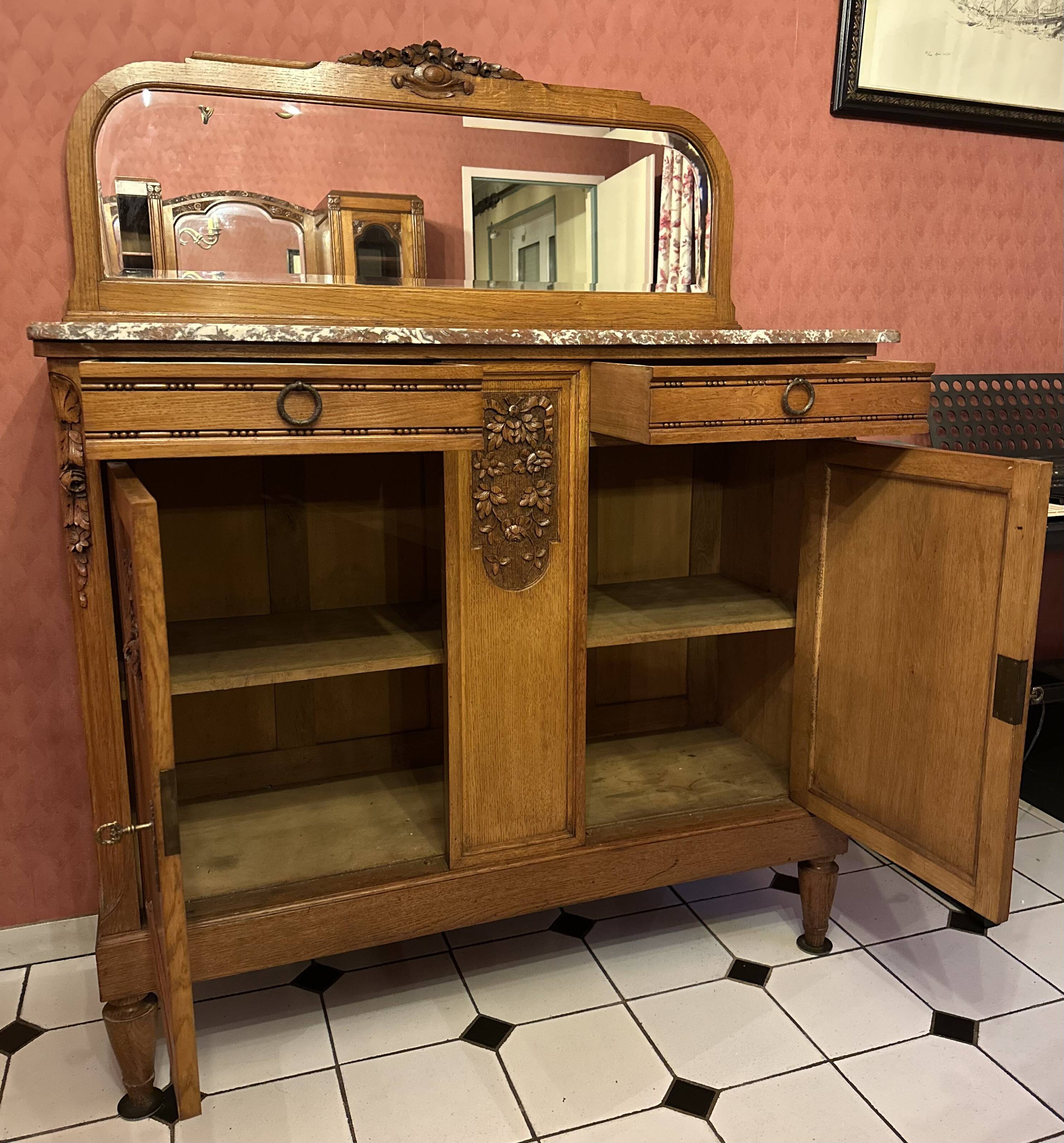 Art Deco solid wood sideboard with mirror and marble top