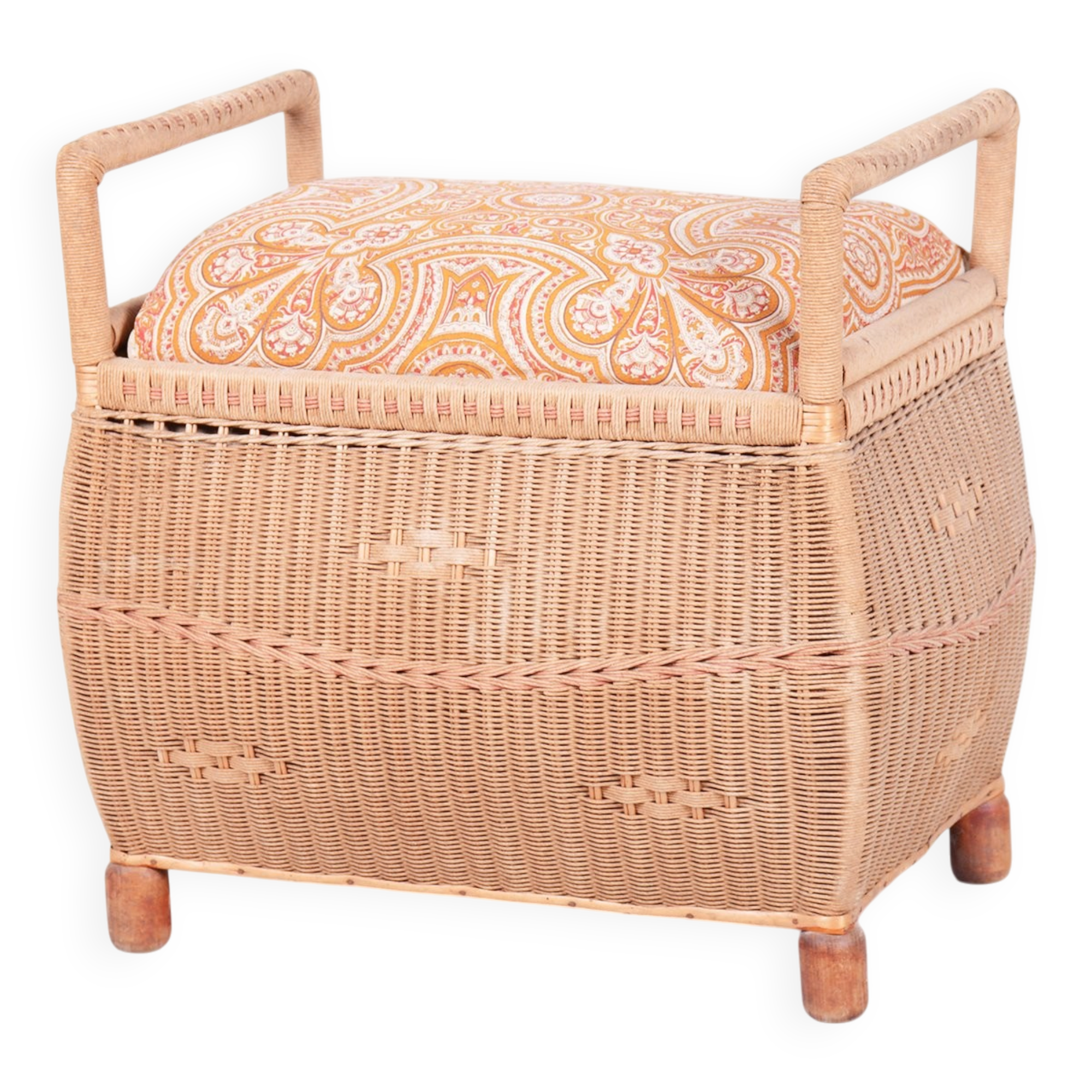Czech Art Deco Stool in Wood and Hemp, 1940s