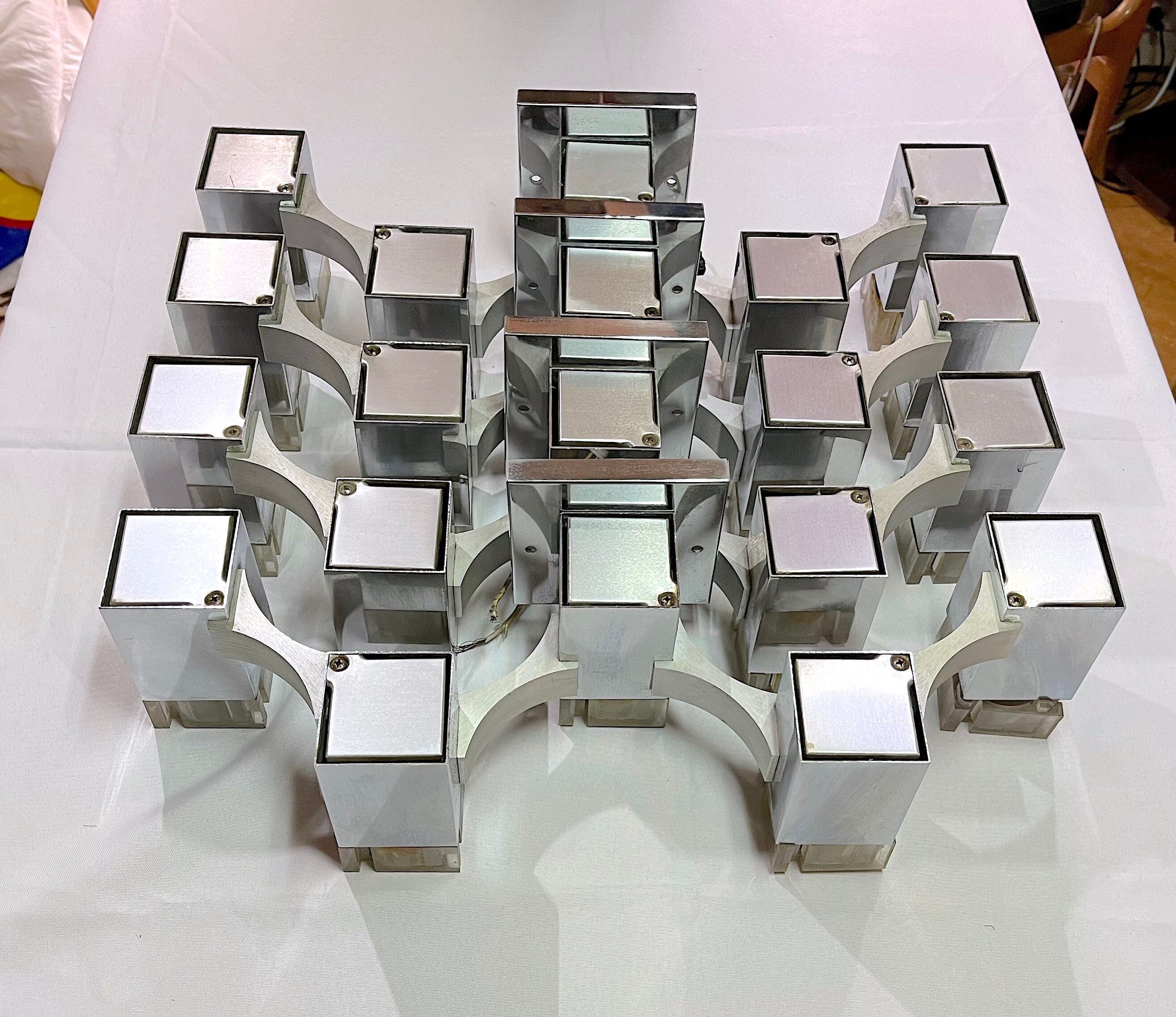 Sciolari, "Cubic" pair of large chrome wall lights, Space Age, Italy 1970