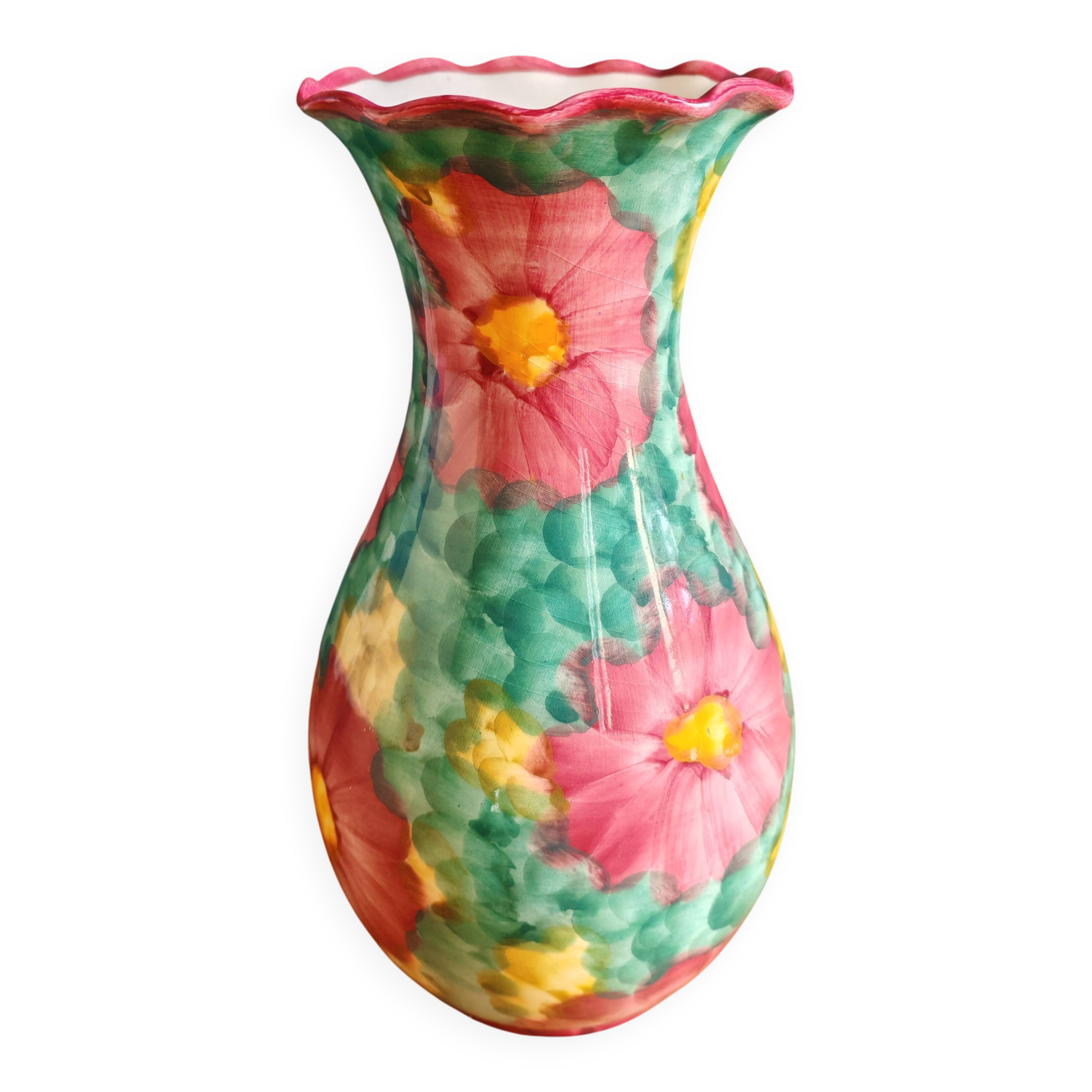 Vintage Floral Ceramic Vase - Large Barbotine Vase with Pink Flowers