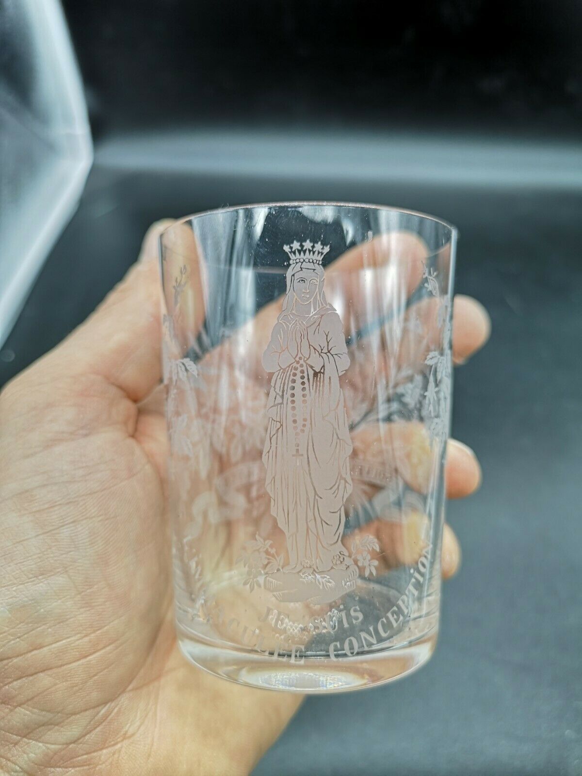 Lourdes souvenir cup engraved with acid