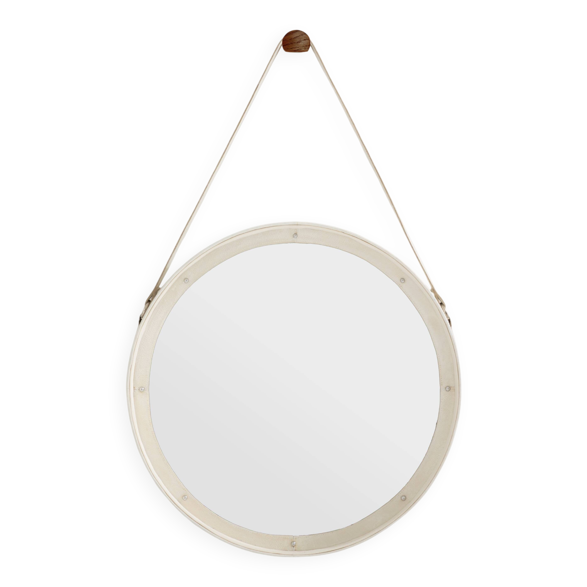Jacques Adnet original cream leather mirror from around 1940.