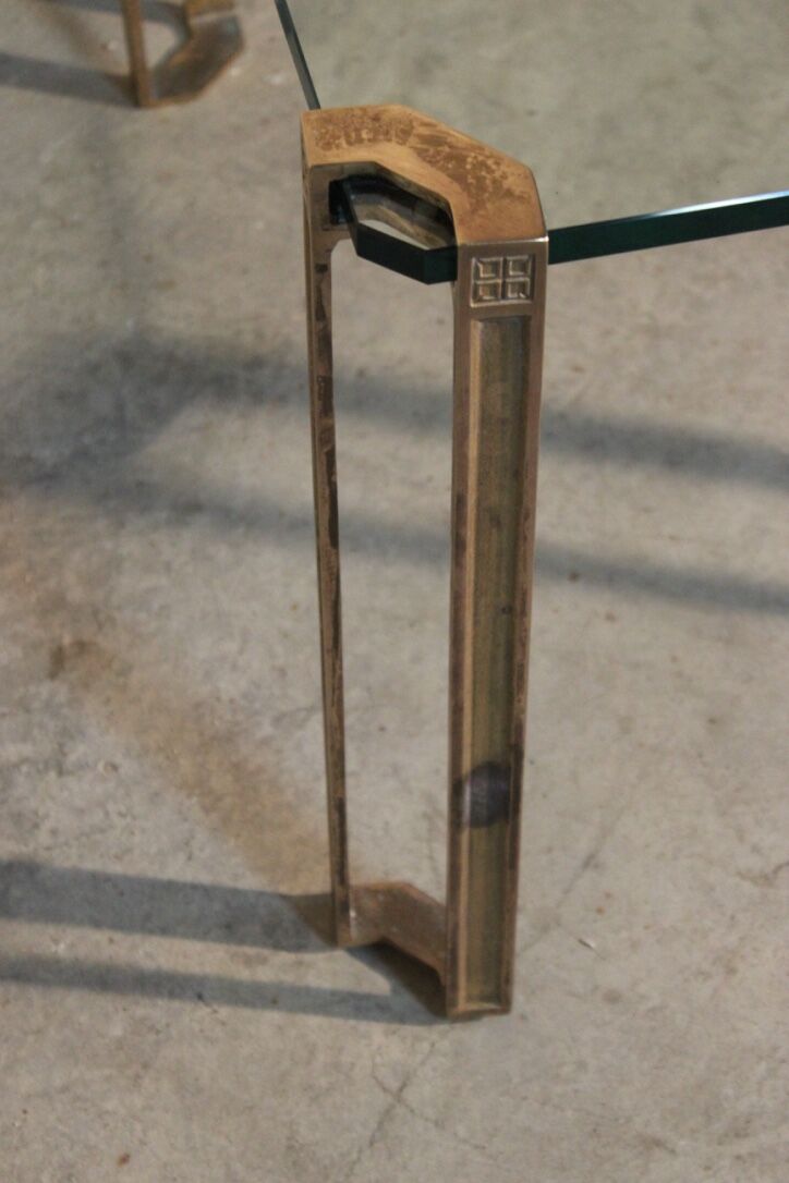 Vintage square coffee table in glass and brass by Peter Ghyzcy