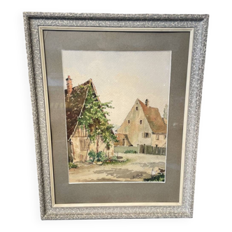 Aquarelle cour de ferme alsacienne lucien fuchs