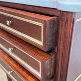 Pair of mahogany and brass side tables or bedside tables with Carrara marble tops.