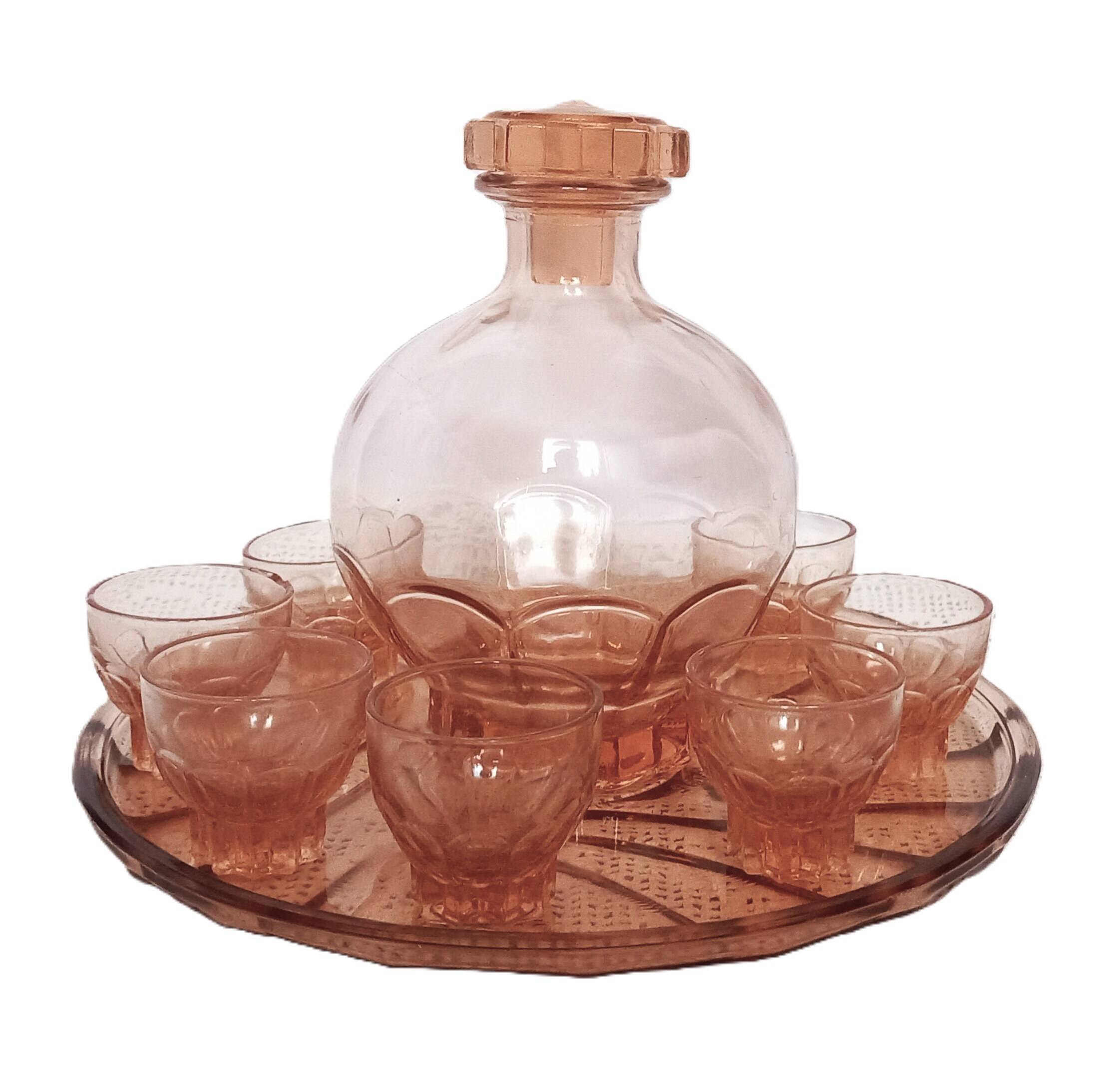 Ensemble Art Deco Carafe Verres Plateau en verre rose