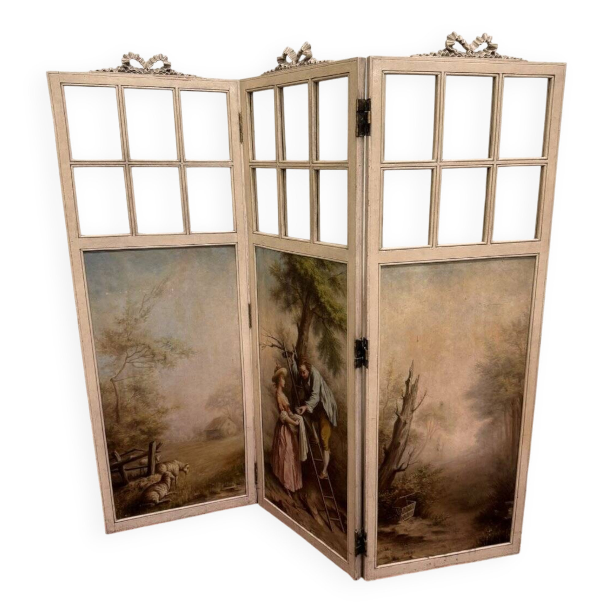 Louis XVI style three-leaf screen with Romantic and landscape decorations