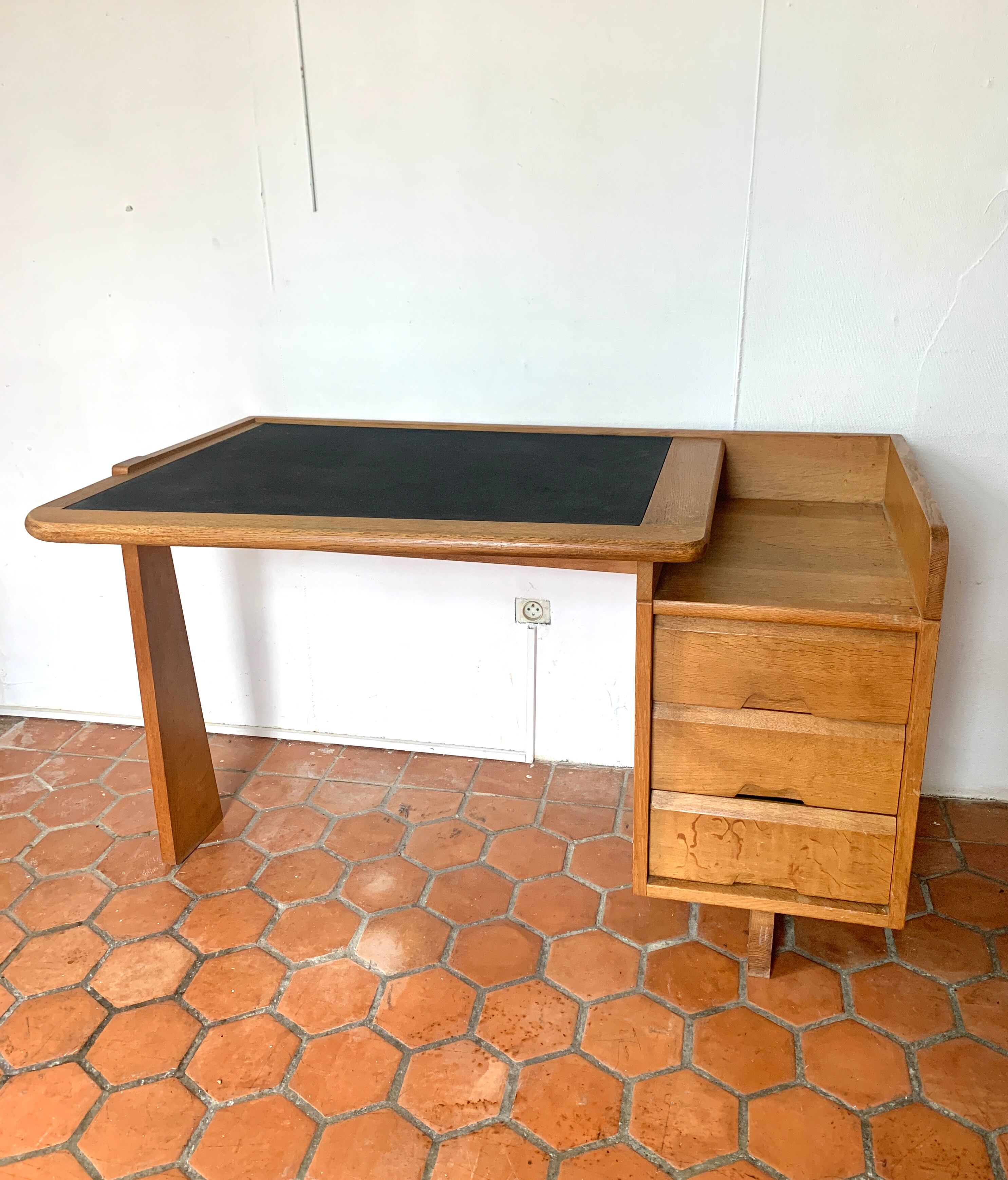 Solid oak desk Guillerme and Chambron 1960