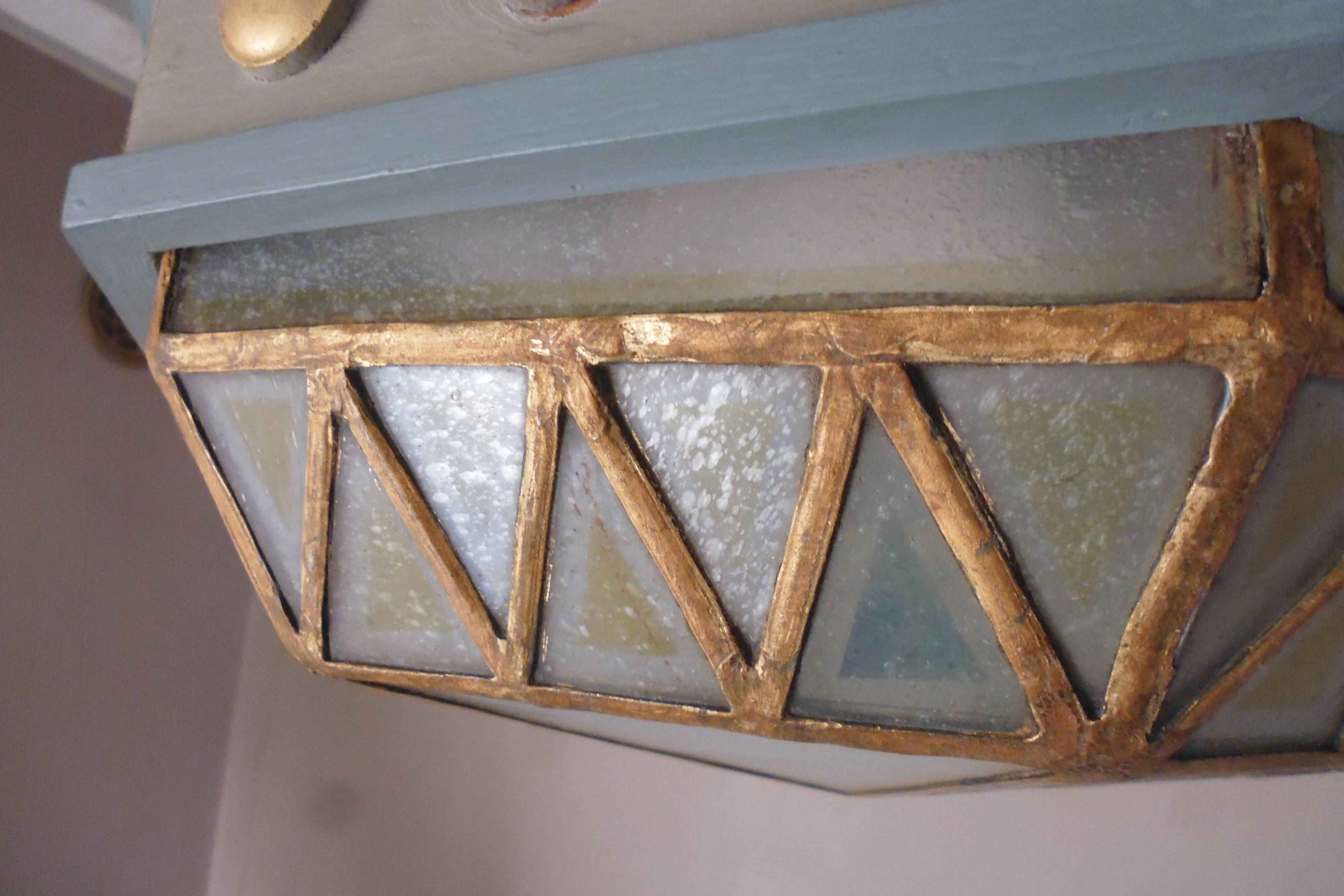 Large octagonal ceiling art deco wood and 1940s bubbled glass