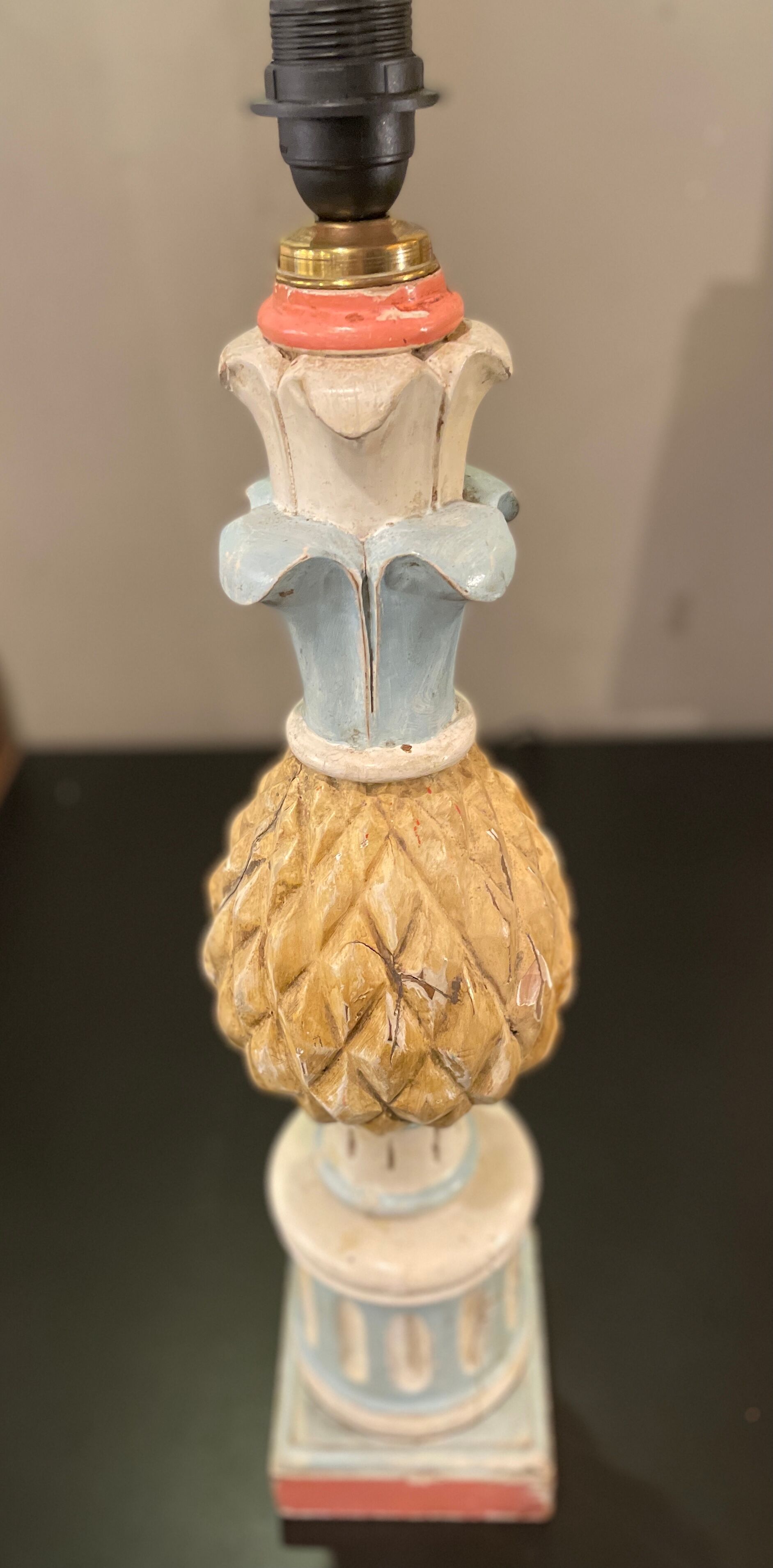 Pineapple lamp, hand-painted wood, 50s