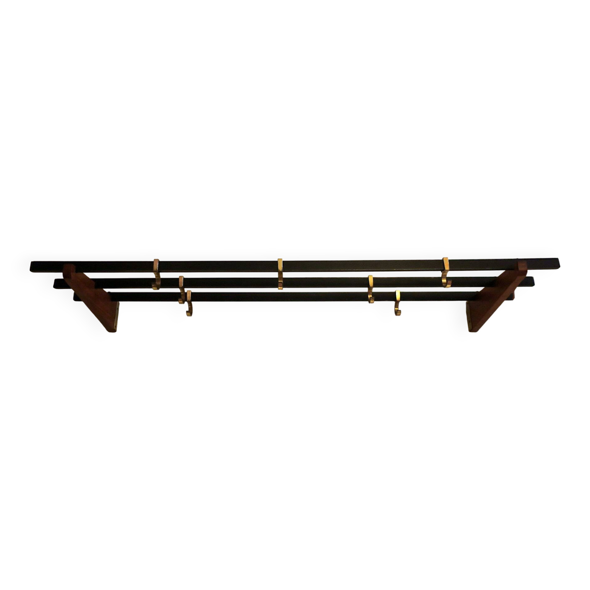 Teak and brass coat and hat rack with 7 sliding hooks, 1960s