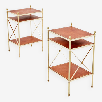 Paire de tables d’appoint néoclassiques laiton cuir style Maison Jansen 1970