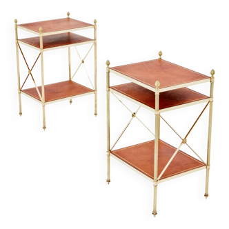 Pair of neoclassical brass leather side tables style Maison Jansen 1970