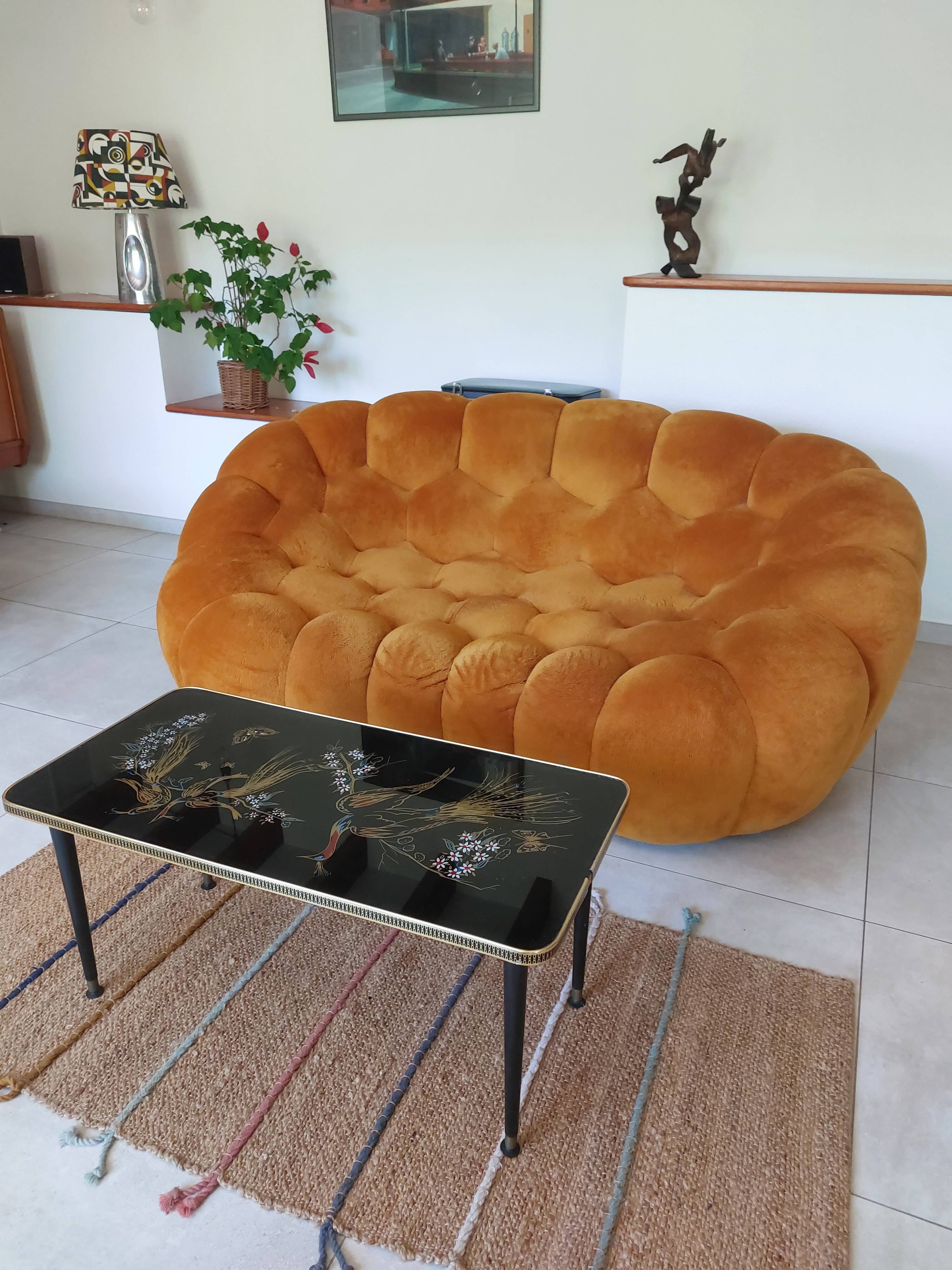Japanese patterned coffee table, tapered legs and brass, vintage.
