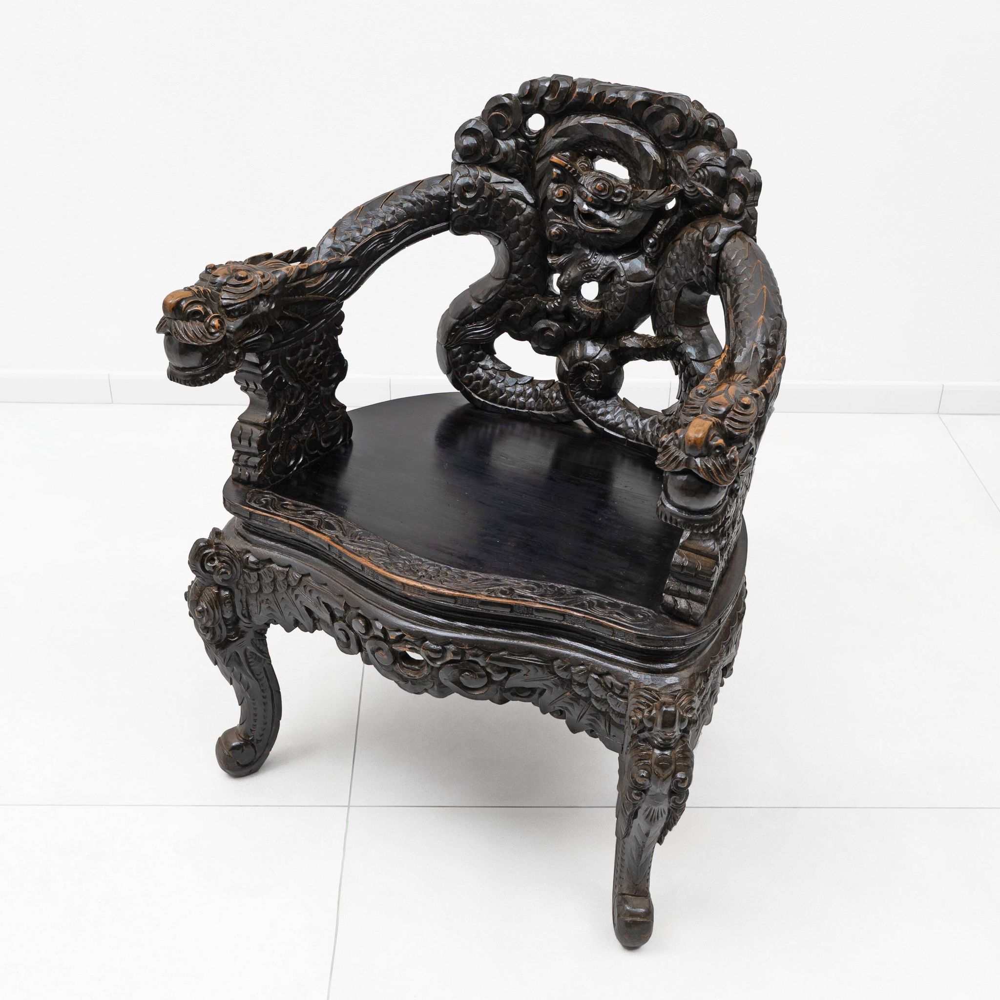 Pair of Chinese Qing Dynasty Carved Dragon Armchairs,Ebonized Hardwood,19th