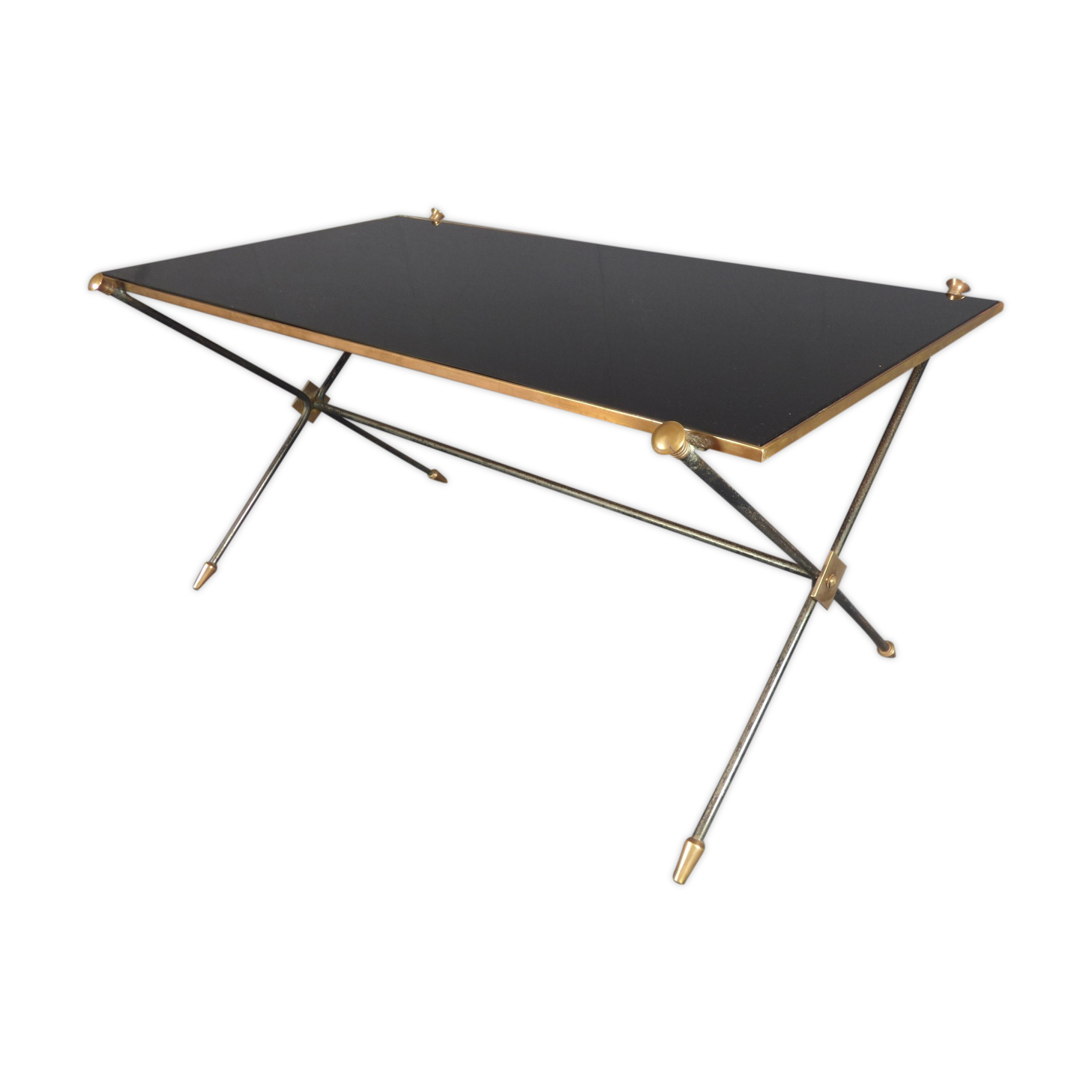 Table basse néoclassique en métal, laiton doré et opaline noire