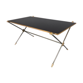 Neoclassical coffee table in metal, golden brass and black opaline