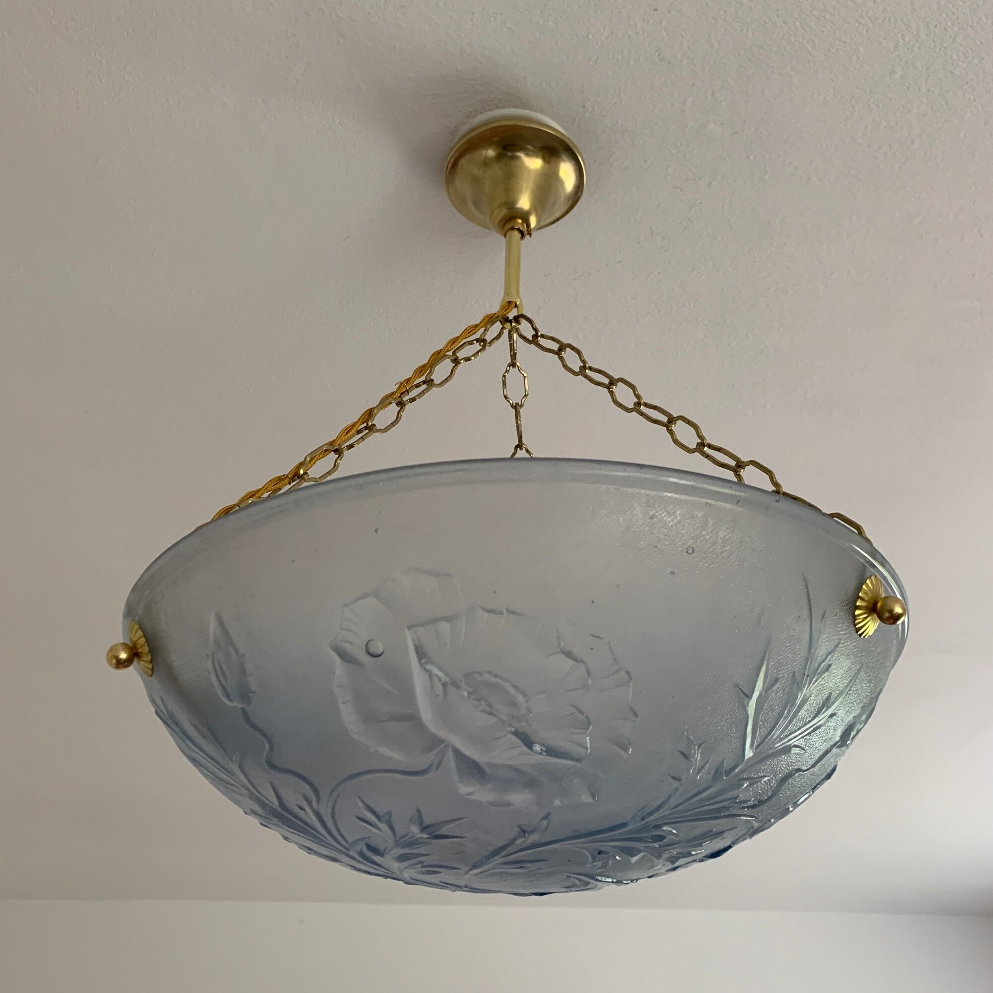 Art Deco vasque in glass pressed blue floral decoration France 1930
