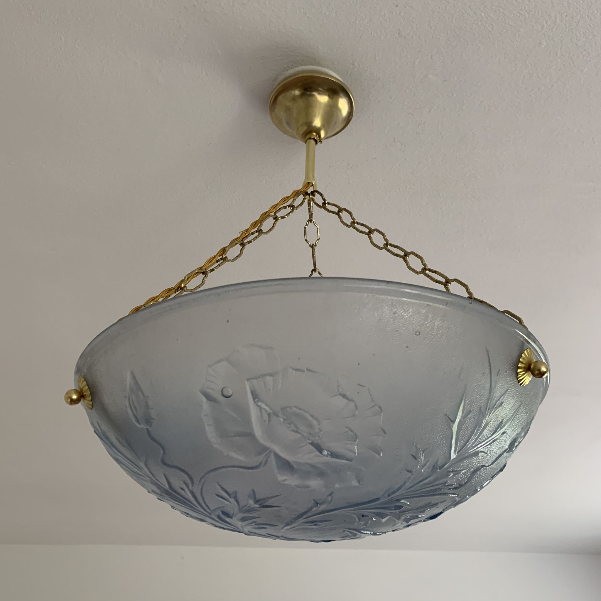 Art Deco vasque in glass pressed blue floral decoration France 1930