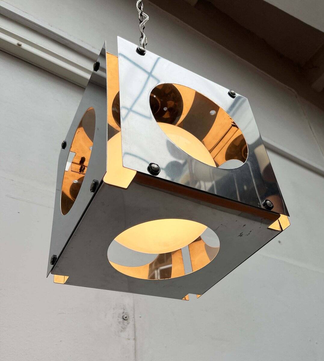 Metal and glass pendant lamp Cubo in Italian Space Age style from the mid-century by Tronconi, 1960s.