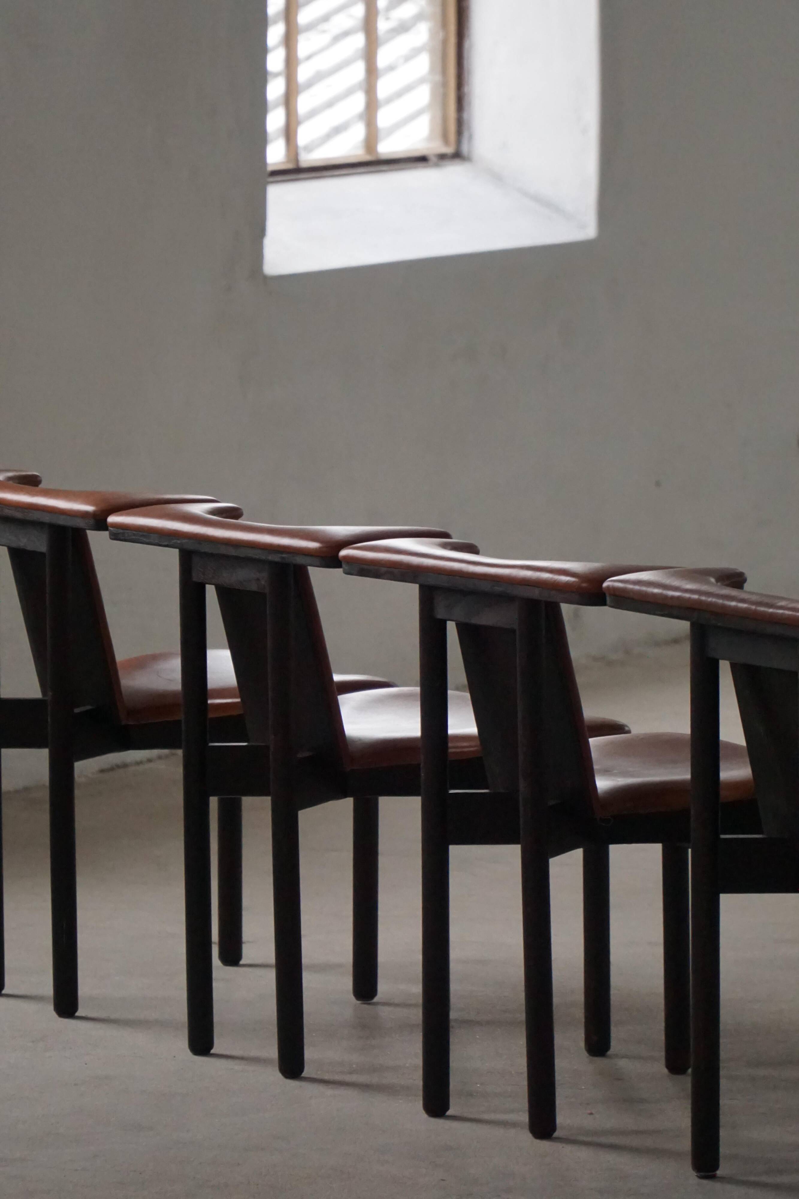 Hans Olsen, Set of 4 Frederik VII dining chairs, oak and leather, mid-20th century