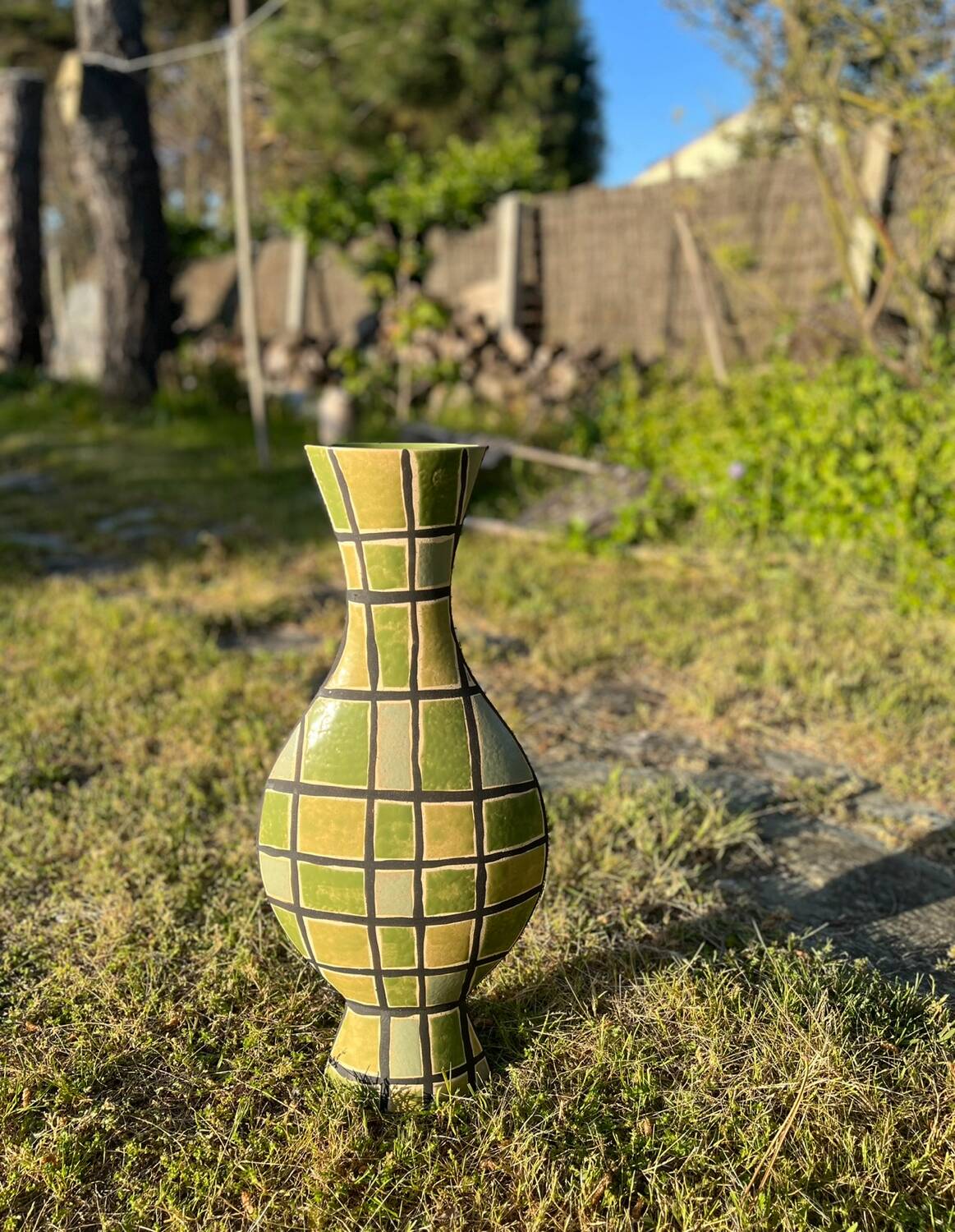 Large Art Deco olive green glazed ceramic vase