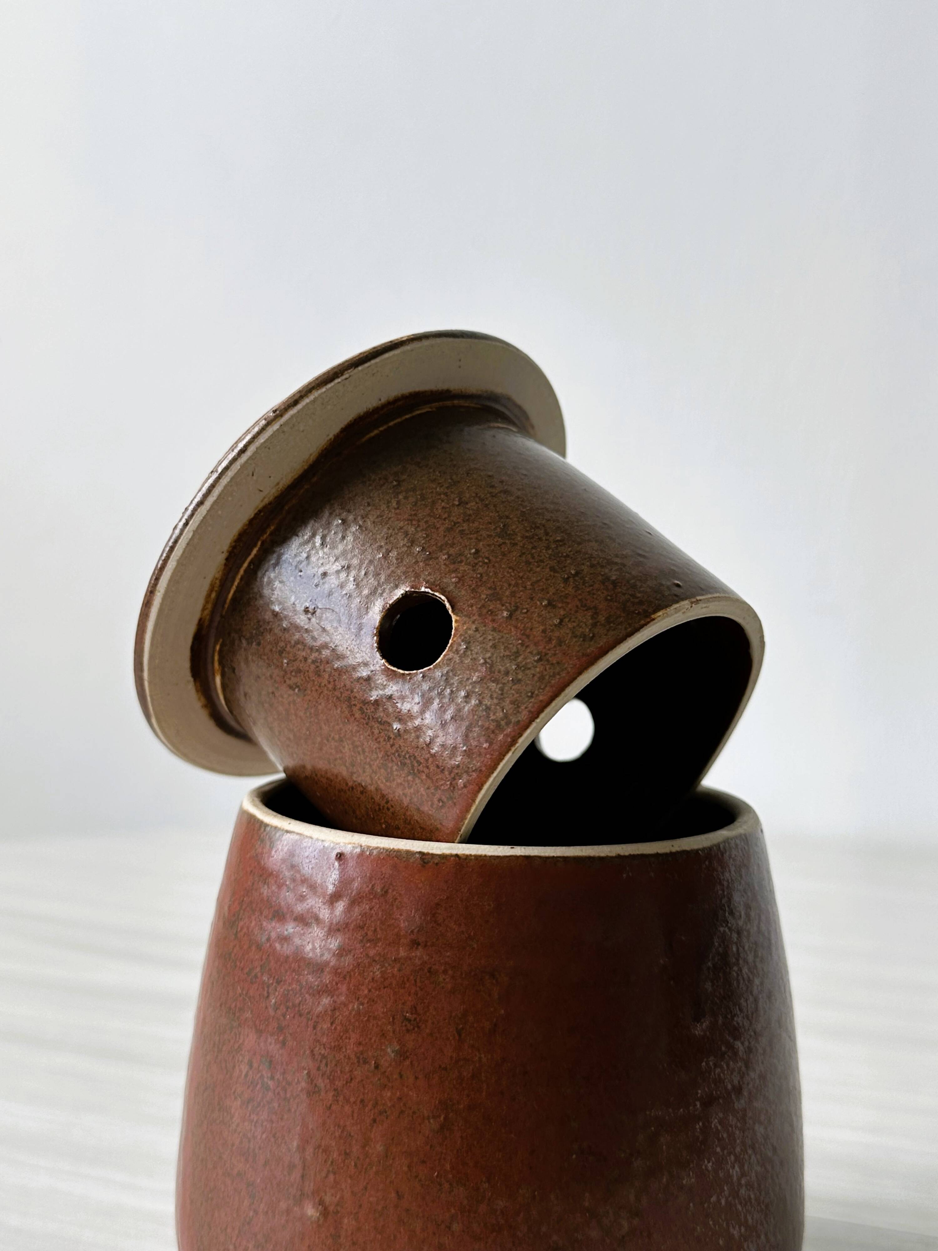 Red stoneware butter dish, old