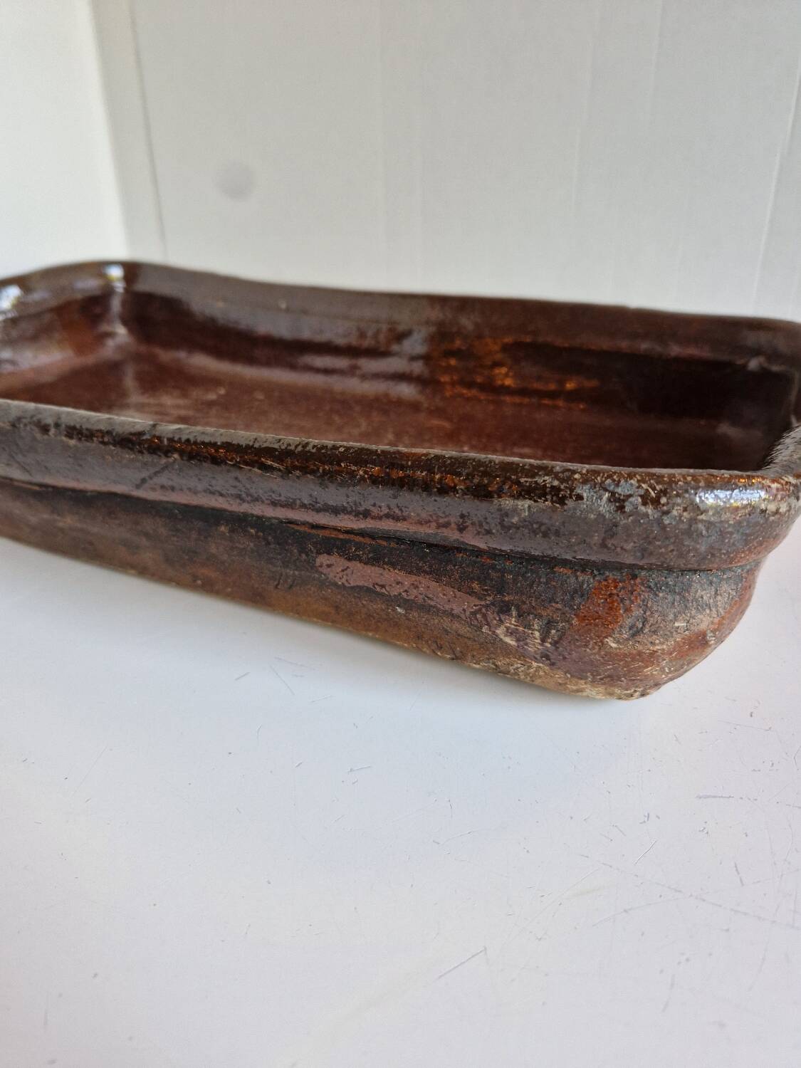 Ancien Plat À Jus Lechefrite 19e Terre Cuite Vernissée Art Populaire