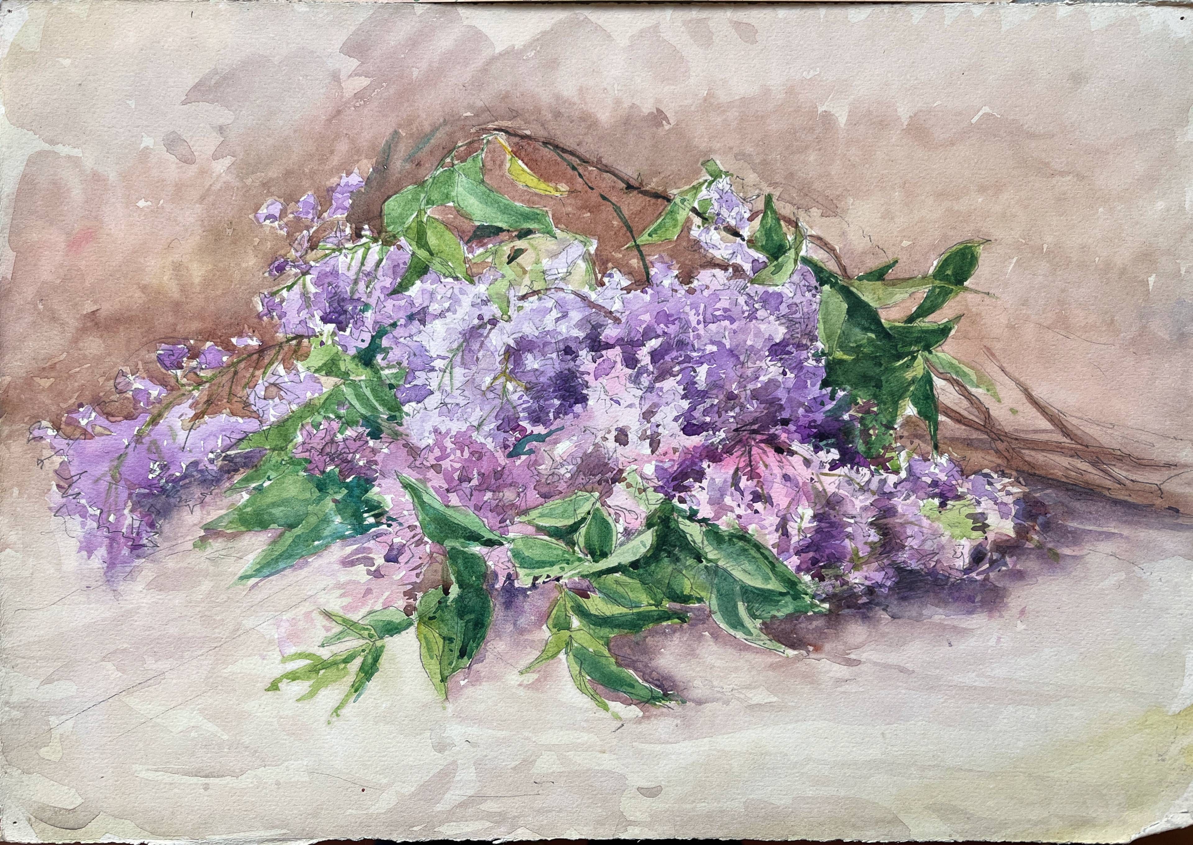 Painting Set of 2 watercolors Jetty/bouquet of Lilac flowers early 20th century