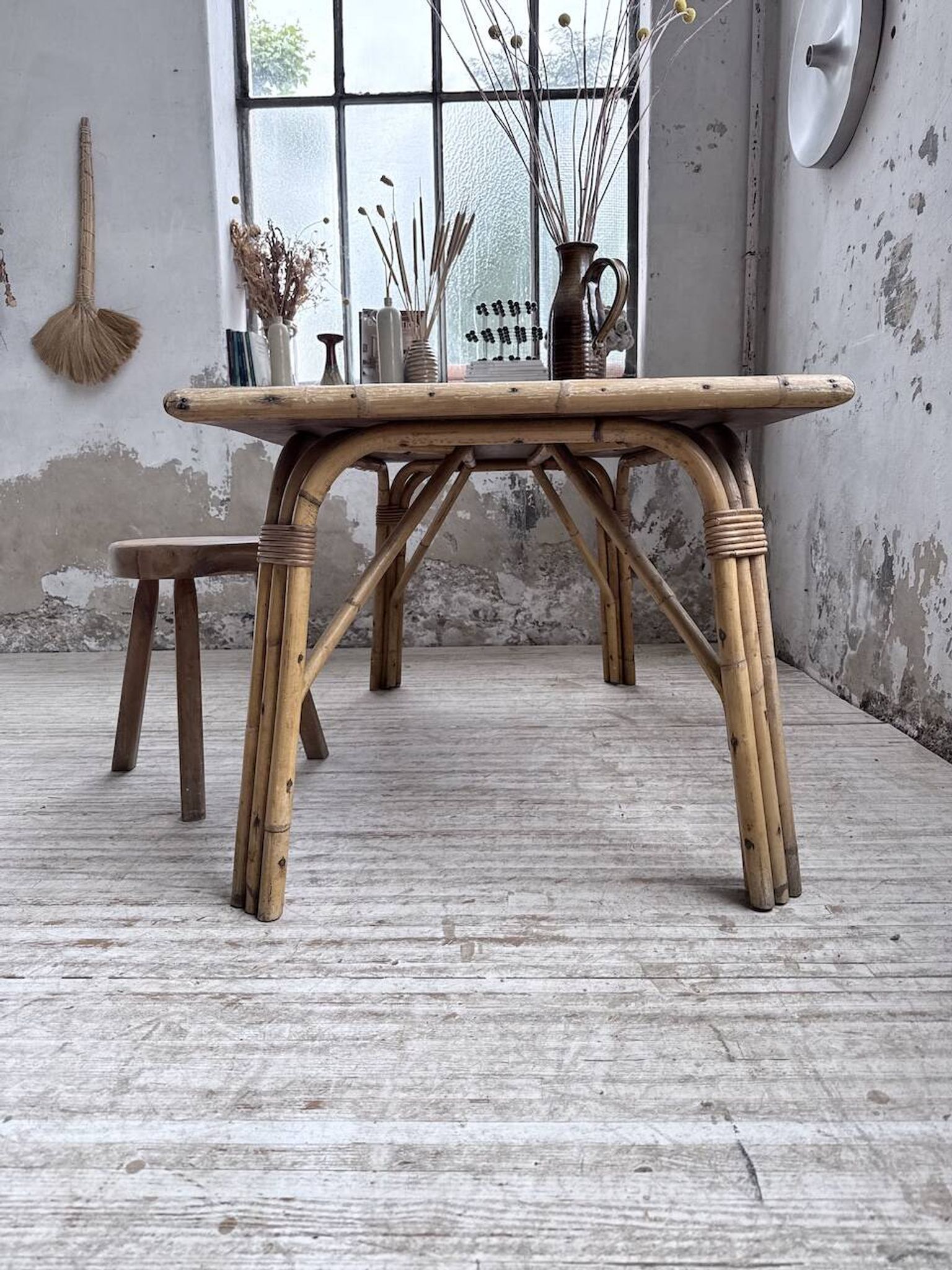 1950s rattan table with ceramic top