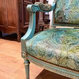 Louis XVI style bench in blue lacquered wood with gold trim